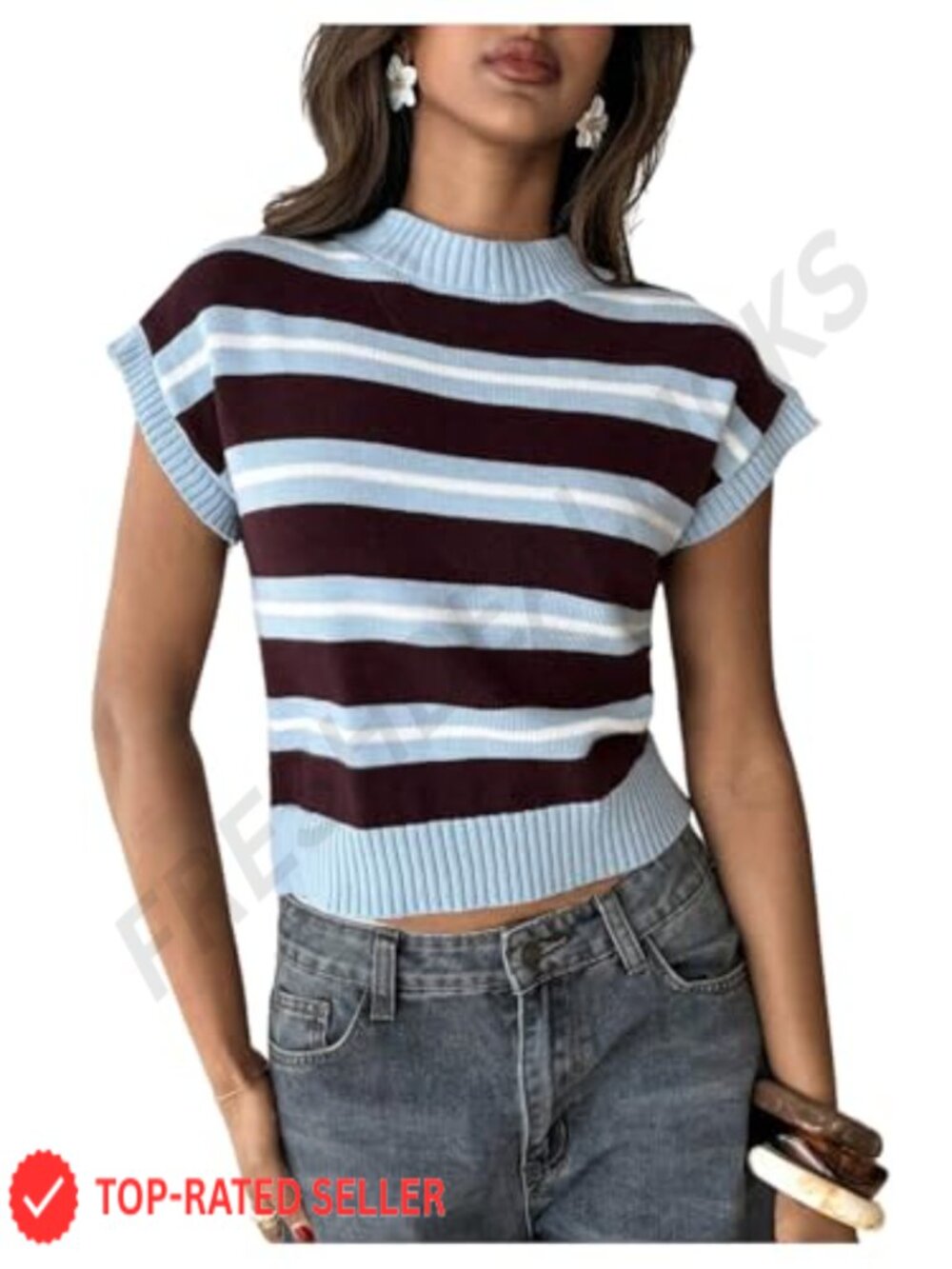Striped Cap Sleeve Cropped Sweater Vest Mock Neck Y2K Pullover